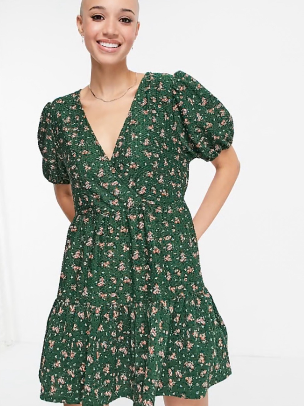 ASOS Design Green Floral V-Neck Puff Sleeve Dress